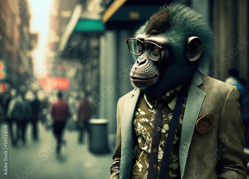 Portrait of stylish fashion monkey walking in the city