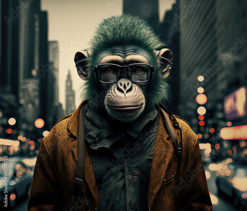 Stylish fashion monkey walking in the street