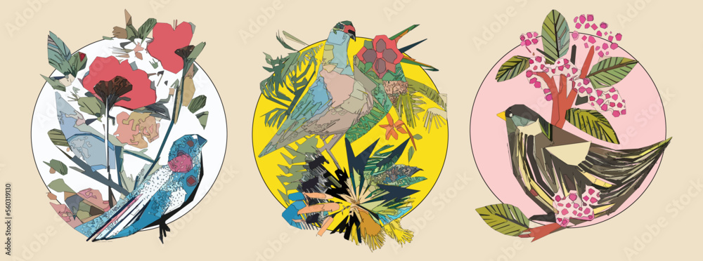 Obraz premium Exotic bird on tree branch with leaves and sun on light beige background. Colorful illustration.