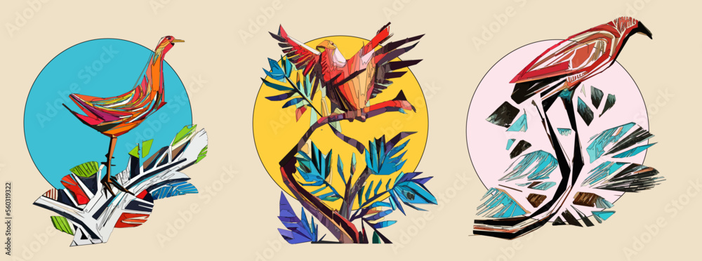 Exotic bird on tree branch with leaves and sun on light beige background. Colorful illustration.