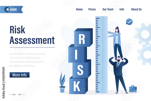 Risk assessment, landing page template. Business team uses big ruler for measuring financial risk. Cubes with text - RISK. Business strategy, planning. Risk management, concept.