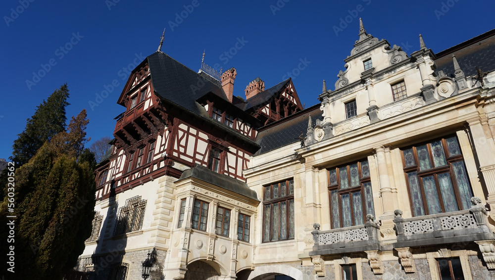 Peles castle Sinaia at sunny day at Transylvania, Romania protected by Unesco World Heritage Site