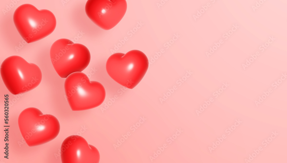 Floating red hearts balloon on red background. Valentine's day or wedding concept. 3D illustration.