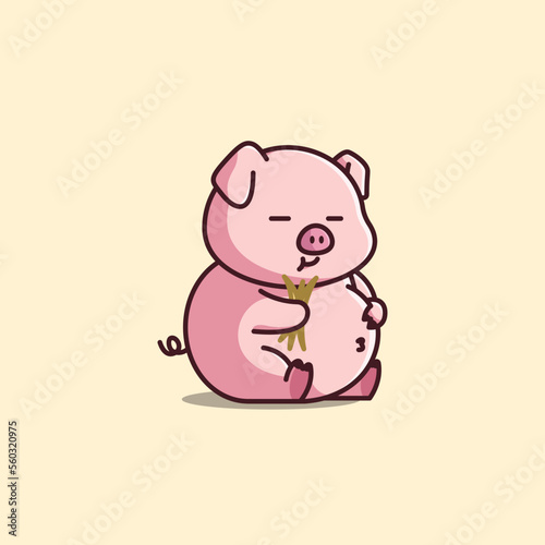 Cute cartoon fat pig is sitting and holding a grass to eat vector illustration