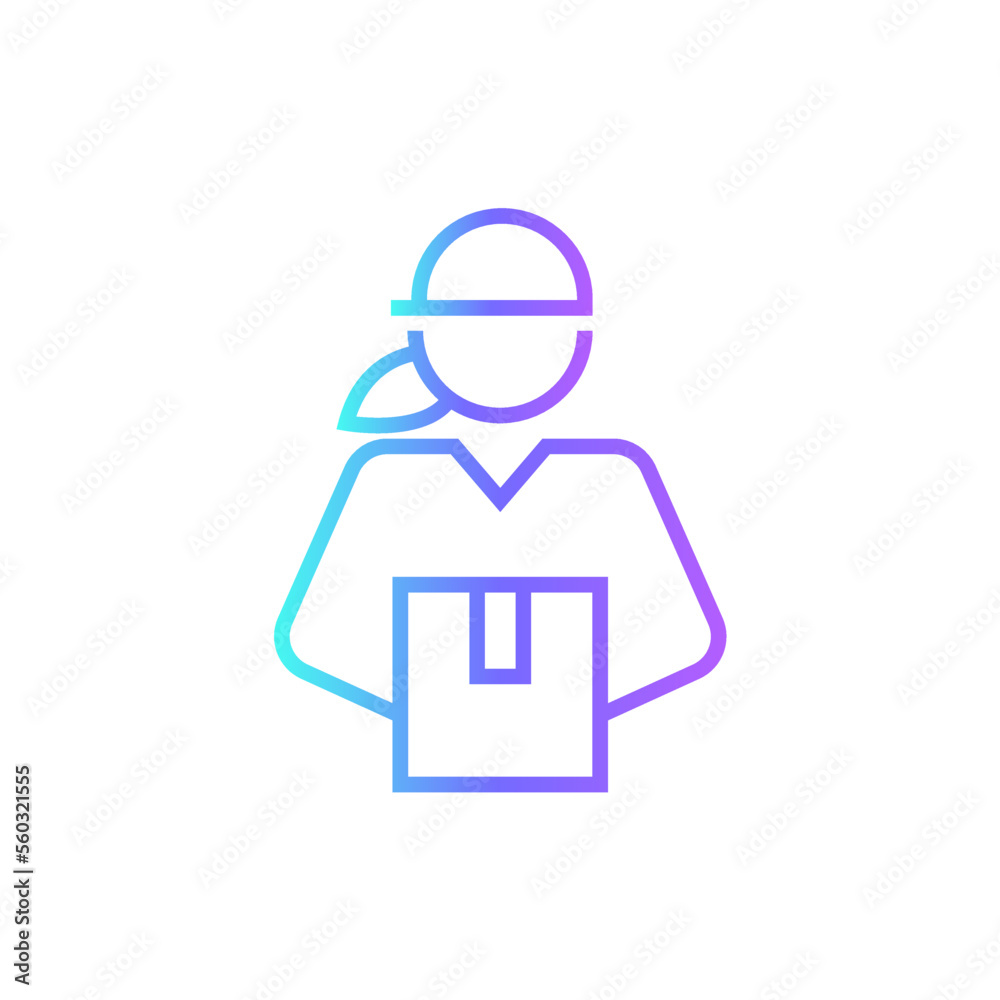 Courier woman delivery service icon with blue gradient outline style. Related to order tracking, delivery home, warehouse, truck, scooter, courier and cargo icons. Shipping symbol. Vector illustration Courier woman delivery service icon with blue gradient outline style. Related to order tracking, delivery home, warehouse, truck, scooter, courier and cargo icons. Shipping symbol. Vector illustration