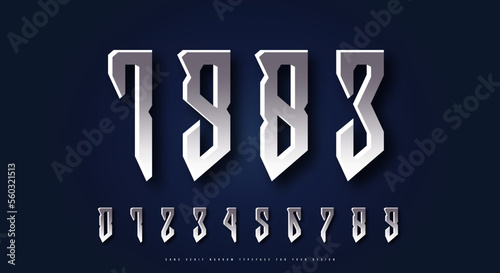 Silver colored and metal chrome sans serif numerals in viking style