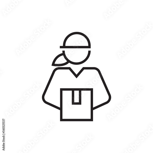 Courier woman delivery service icon with black outline style. Related to order tracking, delivery home, warehouse, truck, scooter, courier and cargo icons. Shipping symbol. Vector illustration