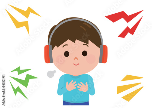 聴覚過敏　イヤーマフで音を遮断する男の子　イラスト