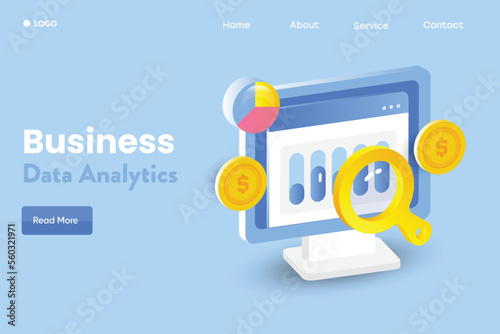 3d illustration concept of business analytics. Dashboard displays data information finance statistics marketing metrics graph and chart on pc screen.