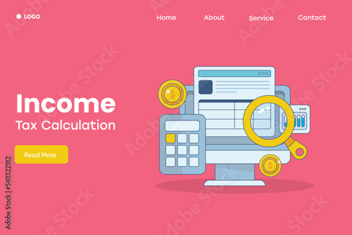 Flat design filled outline illustration concept of online income tax return, corporate tax payment financial document audit report on pc screen.