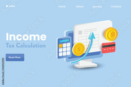 Income tax company accounting financial audit investment 3d illustration concept. Tax form on pc screen with growth graph, money, calculator banner.
