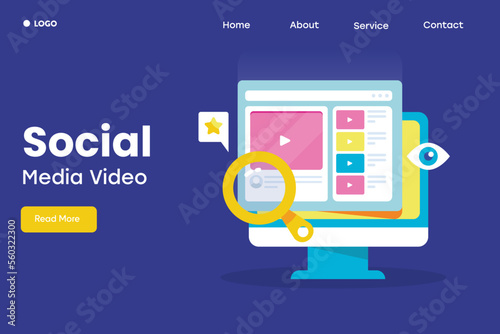 Video playing on social media website pc screen, increasing views and reaction on video content, marketing concept, banner illustration.