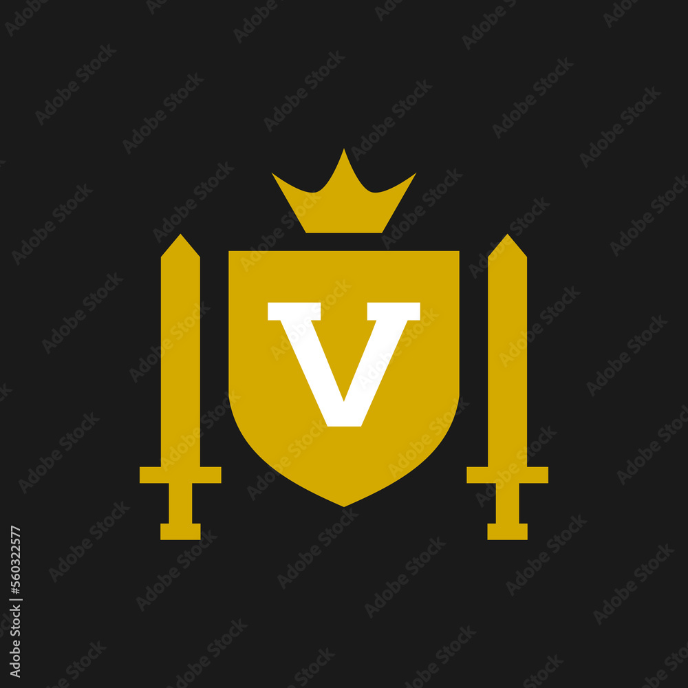 letter V inside a shield and a sword with a classic medieval style. classic elegant logo template. letter V inside a shield and a sword with a classic medieval style. classic elegant logo template.