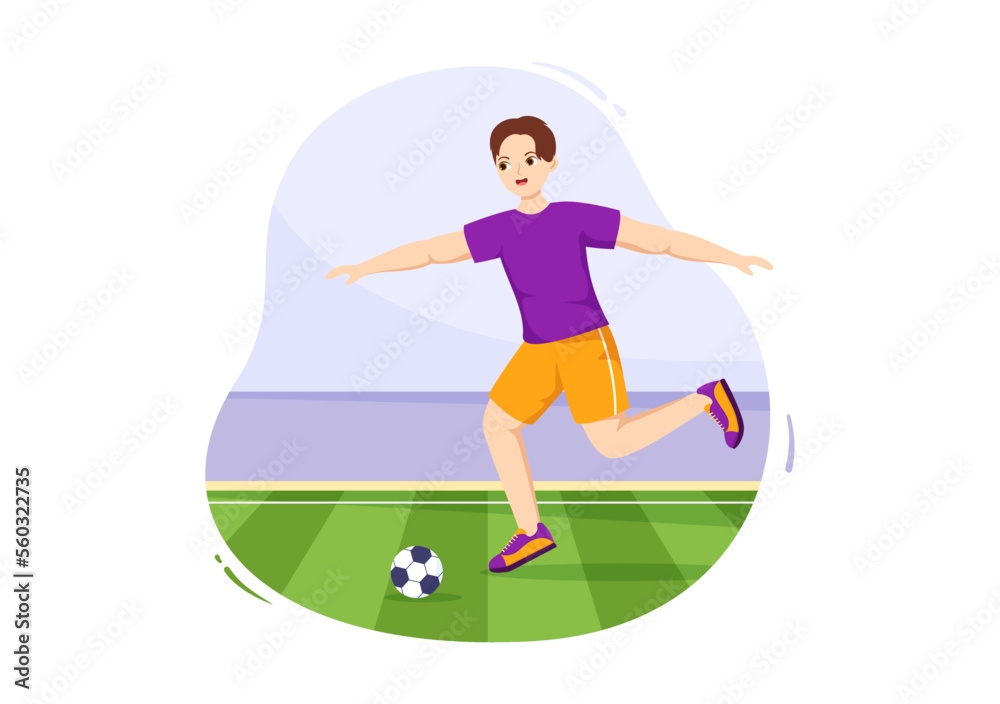 Fototapeta premium Futsal, Soccer or Football Sport Illustration with Players Shooting a Ball and Dribble in a Championship Sports Flat Cartoon Hand Drawn Templates