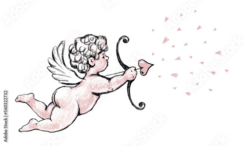 Vintage color drawing of baby angel, cupid archery. Cute flying angel with an arrow, pencil drawing, watercolor. Vector hand drawn illustration, retro style.