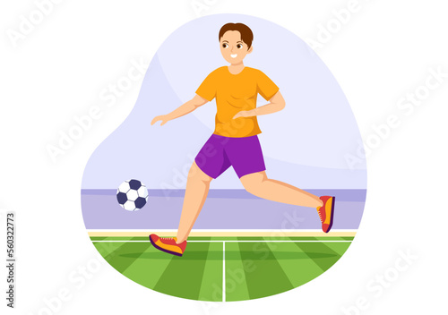 Futsal, Soccer or Football Sport Illustration with Players Shooting a Ball and Dribble in a Championship Sports Flat Cartoon Hand Drawn Templates © denayune