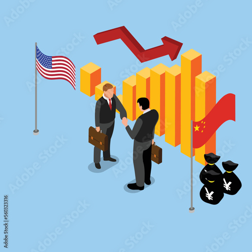 Two people shaking hands with American and Chinese flag isometric 3d vector illustration concept for banner, website, illustration, landing page, flyer, etc.
