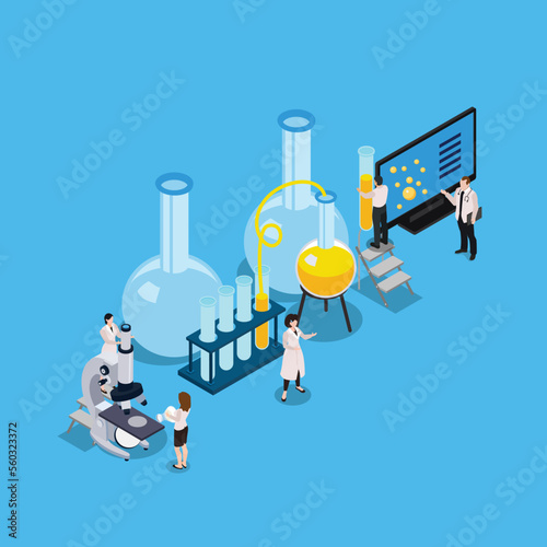 Group of scientists in white coat working in science lab isometric 3d vector illustration concept for banner, website, illustration, landing page, flyer, etc.