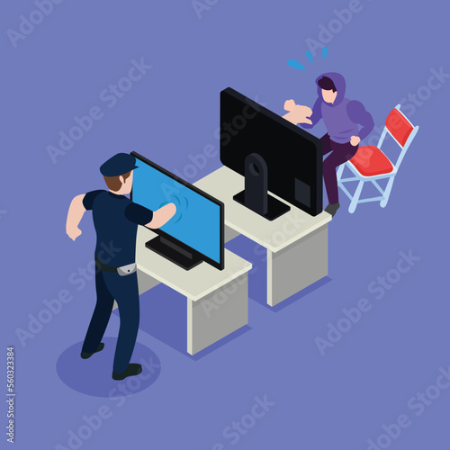 Cyber Police Catching Robber through Computer Screen isometric 3d vector illustration concept for banner, website, illustration, landing page, flyer, etc.
