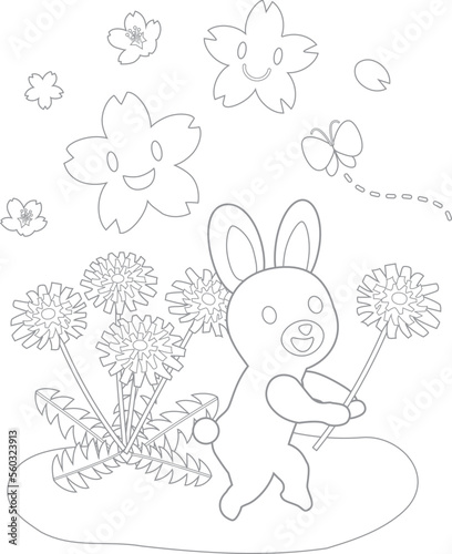 タンポポと桜とかわいいウサギの塗り絵