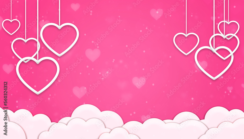 Cloudspace papercut with hanging hearts for decoration concept on pink background