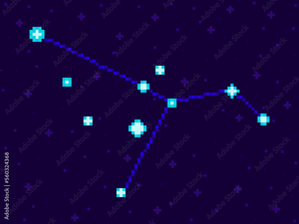 Columba constellation in pixel art style. 8-bit stars in the night sky in retro video game style. Cluster of stars and galaxies. Design for applications, banners and posters. Vector illustration Columba constellation in pixel art style. 8-bit stars in the night sky in retro video game style. Cluster of stars and galaxies. Design for applications, banners and posters. Vector illustration