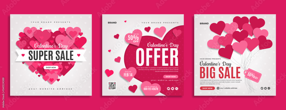 Valentine's day sale promotion social media banner post template. Business marketing flyer with heart or love balloon. Valentine day celebration web poster background decoration with ornament. - obrazy, fototapety, plakaty 