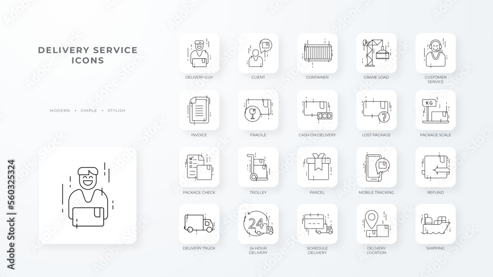 Delivery service icons set with black outline style. Shipping logistics symbol sign. Simple vector illustration. Related to package, fee, fast courier Delivery service icons set with black outline style. Shipping logistics symbol sign. Simple vector illustration. Related to package, fee, fast courier