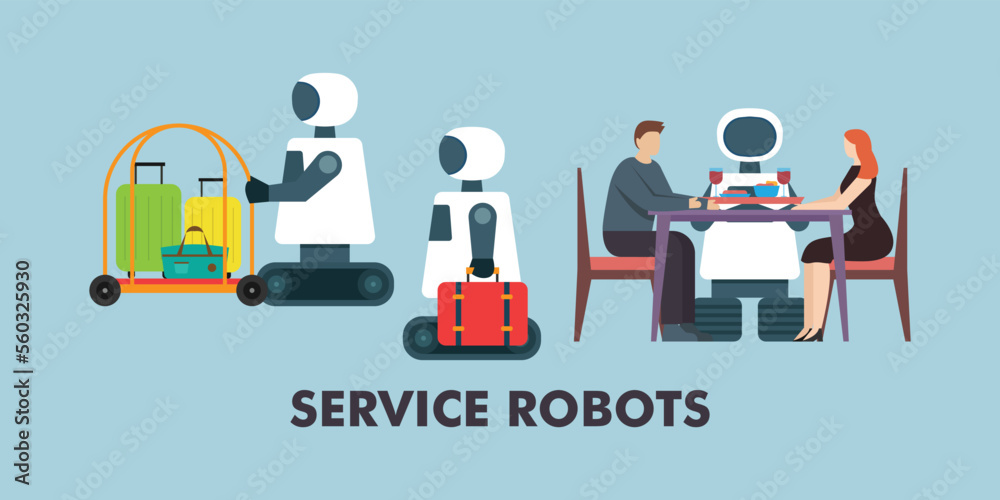 Service robots in hospitality industry 2d vector illustration concept for banner, website, illustration, landing page, flyer, etc