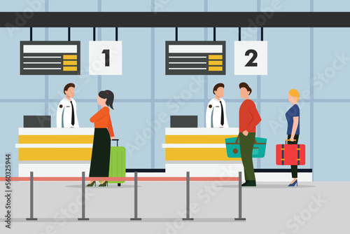 Traveler queue at terminal check in counter for drop-off luggage 2d vector illustration concept for banner, website, illustration, landing page, flyer, etc