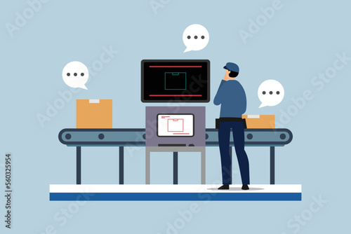 Conveyor belt transport safety airport luggage scanner with control pad and screens 2d vector illustration concept for banner, website, illustration, landing page, flyer, etc photo