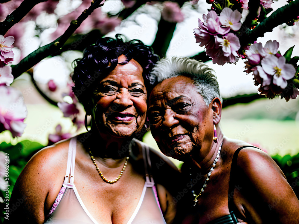 Old Black Lesbian Woman Couple In Love Under Cherry Blossoms Old Black Lesbian Woman Couple In Love Under Cherry Blossoms