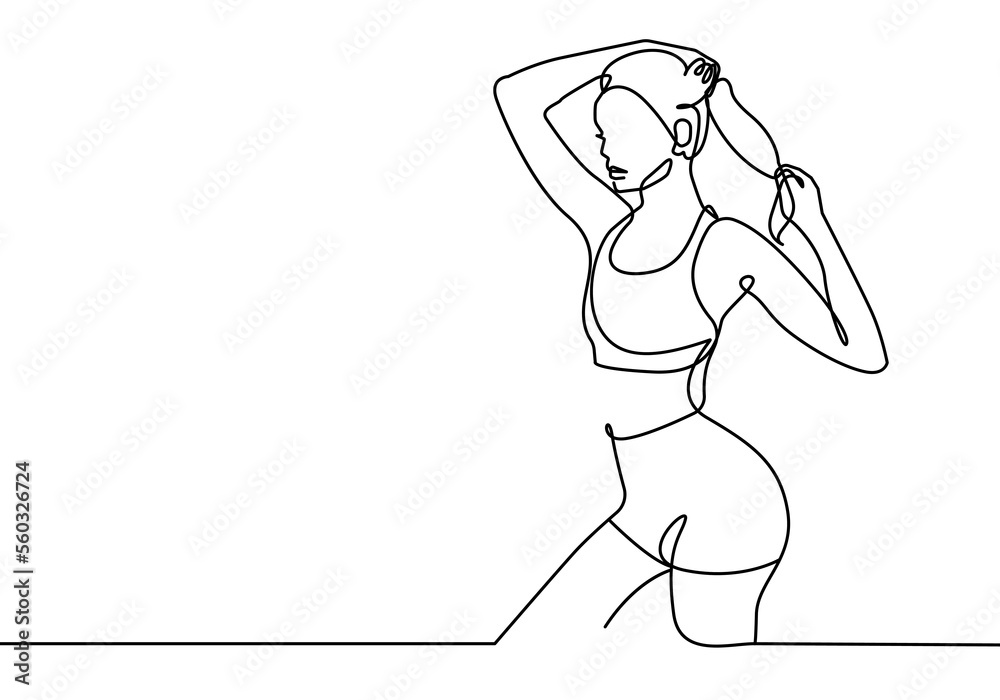 Fitness Female Pose One Line Drawing. Woman Sport Pose Minimalist Drawing. Fitness Line Art Modern Minimal Drawing. Trendy Illustration Continuous Line Art. Dancer Minimal Logo. Vector EPS 10