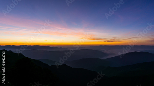 Night sky with moon before sunset on mountain at .Doi Phu Kha of Thailand for background.