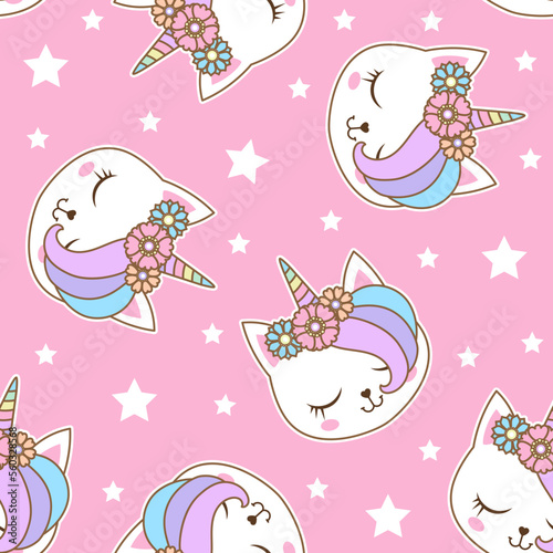Seamless pattern muzzle of a cute unicorn cat on a pink background. For baby fabric design, backgrounds, wallpapers, packaging, wrapping paper, scrapbooking and so on. Vector