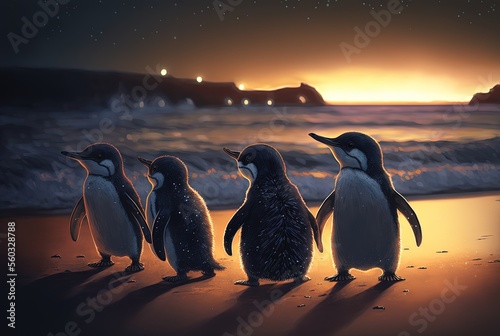 illustration of a penguins walking under galaxy night sky at beach with ocean wave and light as background