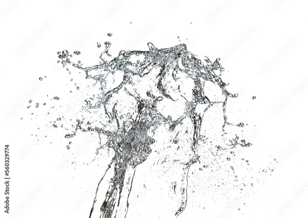 Obraz premium Shape form throw of Water splashes into drop water attack fluttering in air and stop motion freeze shot. Splash Water for explosion texture graphic resource elements, black background isolated