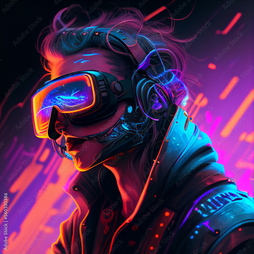 Cyberpunk character wear VR glasses. Generative Ai. Cyberpunk character wear VR glasses. Generative Ai.