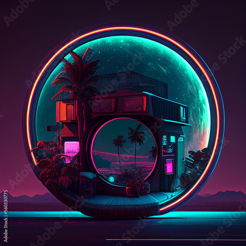 Cyberpunk Deep City Scene in Circle Neon Light. Generative Ai.