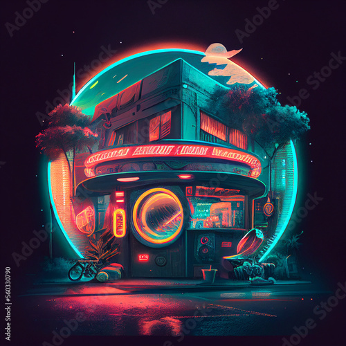 Cyberpunk Deep City Scene in Circle Neon Light. Generative Ai.
