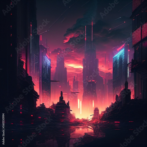 City skyline at night cyberpunk urban city. Generative Ai.
