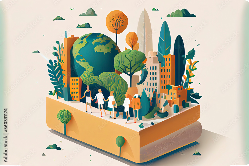 World environment day concept, sponge with people and city, paper arts and crafts