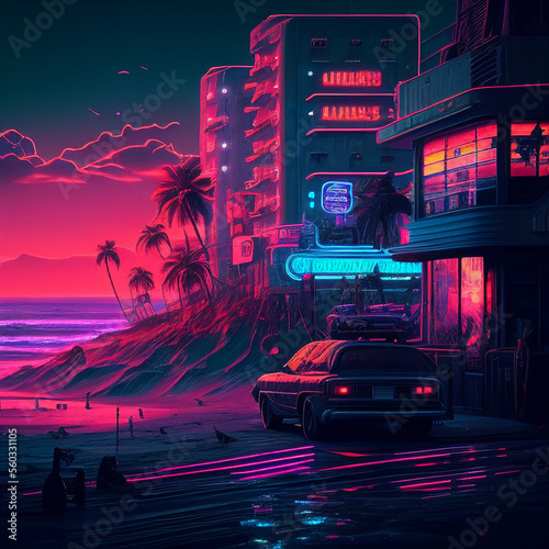 Cyberpunk beach summer street landscape with retro car. Sci-fi wallpaper. Futuristic city scene in a style of pixel art. 80's wallpaper. Urban scene. Generative Ai.