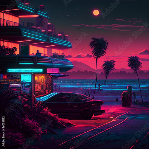 Cyberpunk beach summer street landscape with retro car. Sci-fi wallpaper. Futuristic city scene in a style of pixel art. 80's wallpaper. Urban scene. Generative Ai.