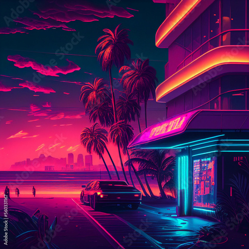 Cyberpunk beach summer street landscape with retro car. Sci-fi wallpaper. Futuristic city scene in a style of pixel art. 80's wallpaper. Urban scene. Generative Ai.