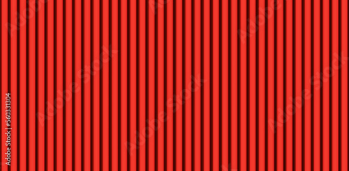 Vector red grooved metal wall texture. Striped iron fence seamless pattern. Plastic home siding background. Vertical line roofing sheet surface, top view. Industrial metallic sea container 3d shape