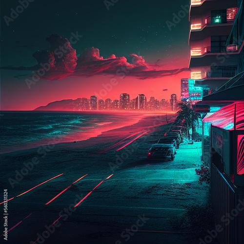 Cyberpunk beach summer street landscape with retro car. Sci-fi wallpaper. Futuristic city scene in a style of pixel art. 80's wallpaper. Urban scene. Generative Ai.