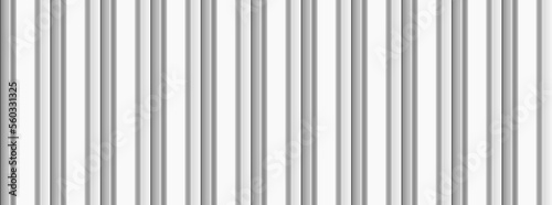 Vector 3d white metal corrugated wall texture. Silver iron grooved fence seamless pattern. Light grey plastic siding realistic structure. Aluminum repeat plank background. Vertical line steel sheet