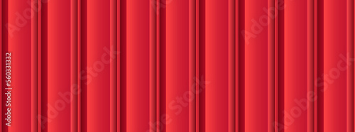 Vector vertical red metal corrugated sheet texture. 3d iron grooved plate seamless pattern. Roofing tile sheet horizontal background. Realistic metallic striped fence surface. Industrial line wall