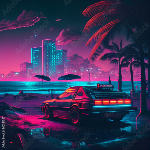 Cyberpunk beach summer street landscape with retro car. Sci-fi wallpaper. Futuristic city scene in a style of pixel art. 80's wallpaper. Urban scene. Generative Ai.